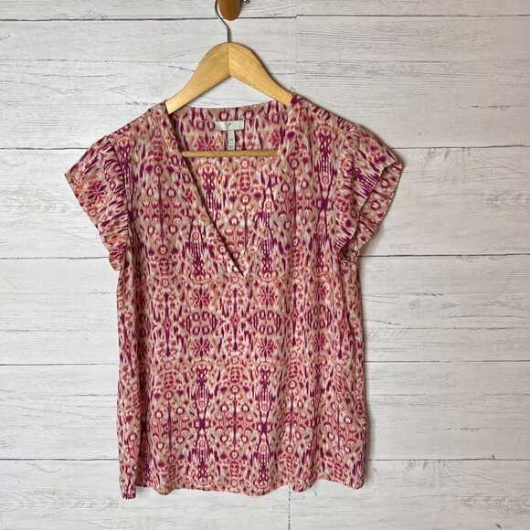 Joie Blouse Womens Size XS Pink Purple 100% Silk Bohemian Abstract Design V Neck - Picture 1 of 12